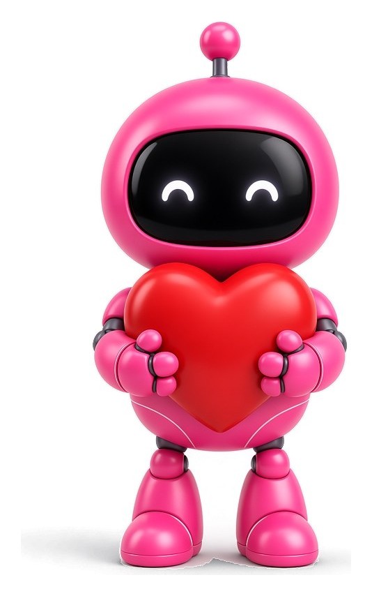 Robot rosa abrazando un corazón